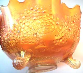 Vintage Carnival Glass Bowl Footed, Ruffled Orange Tree  