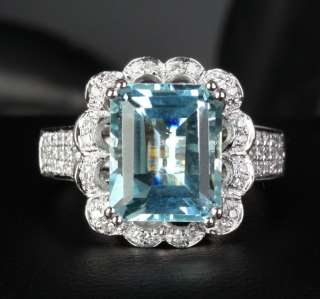   Emerald Cut Aquamarine .42CT Diamond 14K White gold ring 5.35g  