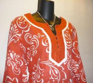 JM COLLECTION Womens Orange Rust White Linen Top Shirt Size 8  