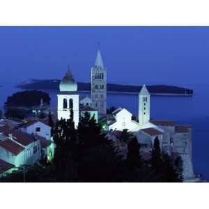 Medieval Rab Bell Towers and Elevated View of Town at Night, Dalmatian 