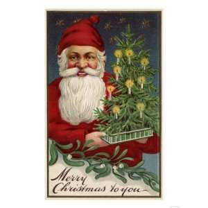 Merry Christmas to You   Santa Holding a Candlelit Tree Premium Poster 